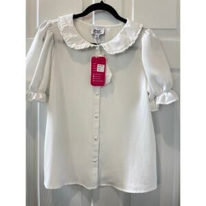 Unique Vintage 1950s Pearl Button Front Puff Sleeve Blouse Cream Pin Up Sz M #49